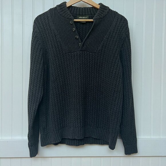 Eddie Bauer Gray Knit Long Sleeve Pullover Sweater 100% Cotton Winter Buttons - Picture 2 of 8